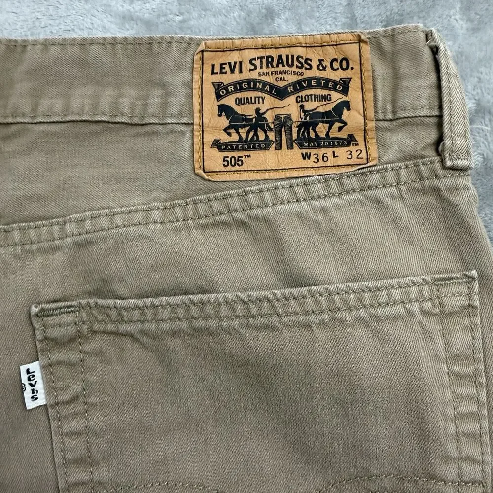Levis 505 Regular Straight Fit Jeans Mens 36x32 (Fits 34x28) Khaki Brown Denim